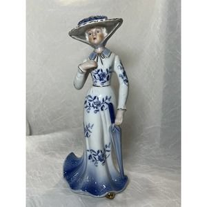 Vintage Arnart KPM Lady in Blue Edwardian woman ceramic figurine umbrella